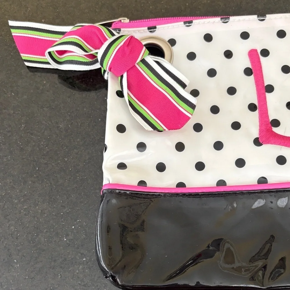 Mud Pie Black & White All PVC Polka Dot Cosmetic Bag Clutch Monogramed Pink “L”